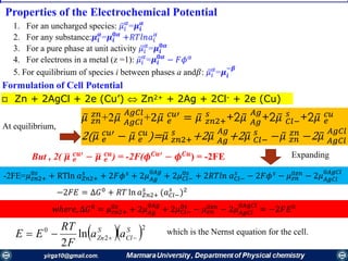Properties of the Electrochemical Potential
1. For an uncharged species: ҧ𝜇𝑖
𝛼
=𝝁𝒊
𝜶
2. For any substance:𝝁𝒊
𝜶
=𝝁𝒊
𝟎𝜶
+𝑅𝑇𝑙𝑛𝑎𝑖
𝛼
3. For a pure phase at unit activity ҧ𝜇𝑖
𝛼
=𝝁𝒊
𝟎𝜶
4. For electrons in a metal (z =1): ҧ𝜇𝑖
𝛼
=𝝁𝒊
𝟎𝜶
− 𝐹𝜙 𝛼
5. For equilibrium of species i between phases a and𝛽: ҧ𝜇𝑖
𝛼
=𝝁𝒊
−𝜷
Formulation of Cell Potential
 Zn + 2AgCl + 2e (Cu’)  Zn2+ + 2Ag + 2Cl- + 2e (Cu)
ҧ𝜇 𝑧𝑛
𝑧𝑛+2 ҧ𝜇 𝐴𝑔𝐶𝑙
𝐴𝑔𝐶𝑙
+2 ҧ𝜇 𝑒
𝑐𝑢′ = ҧ𝜇 𝑧𝑛2+
𝑠
+2 ҧ𝜇 𝐴𝑔
𝐴𝑔
+2 ҧ𝜇 𝐶𝑙−
𝑠
+2 ҧ𝜇 𝑒
𝑐𝑢
2( ҧ𝜇 𝑒
𝑐𝑢′ − ҧ𝜇 𝑒
𝑐𝑢)= ҧ𝜇 𝑧𝑛2+
𝑠
+2 ҧ𝜇 𝐴𝑔
𝐴𝑔
+2 ҧ𝜇 𝐶𝑙−
𝑠
− ҧ𝜇 𝑧𝑛
𝑧𝑛 −2 ҧ𝜇 𝐴𝑔𝐶𝑙
𝐴𝑔𝐶𝑙
But , 2( ഥ𝝁 𝒆
𝒄𝒖′
− ഥ𝝁 𝒆
𝒄𝒖
) = -2F(𝝓 𝑪𝒖′
− 𝝓 𝑪𝒖
) = -2FE
-2FE=𝜇 𝑧𝑛2+
0𝑠
+ RTln 𝑎 𝑍𝑛2+
𝑠
+ 2𝐹𝜙 𝑠
+ 2𝜇 𝐴𝑔
0𝐴𝑔
+ 2𝜇 𝐶𝑙−
0𝑠
+ 2𝑅𝑇𝑙𝑛 𝑎 𝐶𝑙−
𝑠
− 2𝐹𝜙 𝑠
− 𝜇 𝑧𝑛
0𝑧𝑛
− 2𝜇 𝐴𝑔𝐶𝑙
0𝐴𝑔𝐶𝑙
−2𝐹𝐸 = Δ𝐺0
+ 𝑅𝑇 ln 𝑎 𝑍𝑛2+
𝑠
(𝑎 𝐶𝑙−
𝑠
)2
𝑤ℎ𝑒𝑟𝑒, Δ𝐺0
= 𝜇 𝑧𝑛2+
0𝑠
+ 2𝜇 𝐴𝑔
0𝐴𝑔
+ 2𝜇 𝐶𝑙−
0𝑠
− 𝜇 𝑧𝑛
0𝑧𝑛
− 2𝜇 𝐴𝑔𝐶𝑙
0𝐴𝑔𝐶𝑙
= −2𝐹𝐸0
At equilibrium,
Expanding
  2
2
0
ln
2
S
Cl
S
Zn aa
F
RT
EE  which is the Nernst equation for the cell.
 
