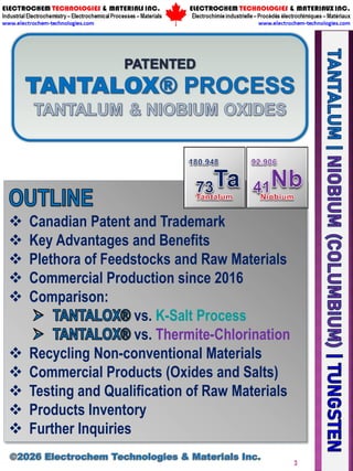 3
 Canadian Patent and Trademark
 Key Advantages and Benefits
 Plethora of Feedstocks and Raw Materials
 Commercial Production since 2016
 Comparison:
vs. K-Salt Process
vs. Thermite-Chlorination
 Recycling Non-conventional Materials
 Commercial Products (Oxides and Salts)
 Testing and Qualification of Raw Materials
 Products Inventory
 Further Inquiries
 