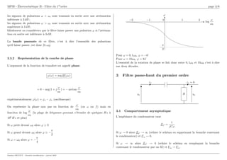 MPSI - Électrocinétique II - Filtre du 1erordre page 3/6
les signaux de pulsations ω  ωc sont transmis en sortie avec une atténuation
inférieure à 3 dB ;
les signaux de pulsations ω  ωc sont transmis en sortie avec une atténuation
supérieure à 3 dB ;
Idéalement on considérera que le filtre laisse passer une pulsation ω si l’atténua-
tion en sortie est inférieure à 3 dB.
La bande passante de ce filtre, c’est à dire l’ensemble des pulsations
qu’il laisse passer, est donc [0, ω0].
2.3.2 Représentation de la courbe de phase
L’argument de la fonction de transfert est appelé phase
ϕ(ω) = arg H(jω)
= 0 − arg(1 + j
ω
ω0
) = − arctan
ω
ω0
expérimentalement ϕ(ω) = ϕs − ϕe (oscilloscope)
On représente la phase non pas en fonction de
ω
ω0
(ou ω ou f) mais en
fonction de log
ω
ω0
(la plage de fréquence pouvant s’étendre de quelques Hz à
106 Hz et plus)
Si ω petit devant ω0 alors ϕ ≃ 0
Si ω grand devant ω0 alors ϕ ≃ −
π
2
Si ω = ω0 alors ϕ = −
π
4
log
ω
ω0
−1
−2 0 1 2
ϕ
−
π
2
Pour ω = 0, 1ω0, ϕ = −6
˚
Pour ω = 10ω0, ϕ = 84
˚
L’essentiel de la rotation de phase se fait donc entre 0, 1ω0 et 10ω0 c’est à dire
sur deux décades.
3 Filtre passe-haut du premier ordre
ue
ie
R
is = 0
us
3.1 Comportement asymptotique
L’impédance du condensateur vaut
ZC =
1
jCω
Si ω → 0 alors ZC → ∞ (refaire le schéma en supprimant la branche contenant
le condensateur) et Us → 0.
Si ω → ∞ alors ZC → 0 (refaire le schéma en remplaçant la branche
contenant le condensateur par un fil) et Us → Ue.
Damien DECOUT - Dernière modification : janvier 2007
 