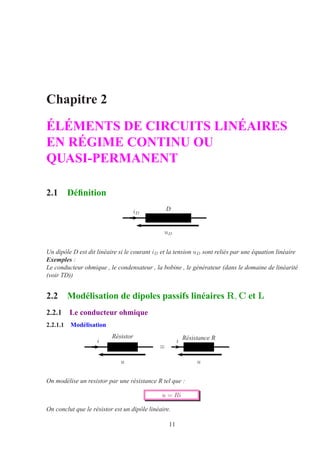 Chapitre 2
ÉLÉMENTS DE CIRCUITS LINÉAIRES
EN RÉGIME CONTINU OU
QUASI-PERMANENT
2.1 Déﬁnition
iD
uD
D
Un dipôle D est dit linéaire si le courant iD et la tension uD sont reliés par une équation linéaire
Exemples :
Le conducteur ohmique , le condensateur , la bobine , le générateur (dans le domaine de linéarité
(voir TD))
2.2 Modélisation de dipoles passifs linéaires R, C et L
2.2.1 Le conducteur ohmique
2.2.1.1 Modélisation
i
u
Résistor
i
u
Résistance R
≡
On modélise un resistor par une résistance R tel que :
u = Ri
On conclut que le résistor est un dipôle linéaire.
11
 