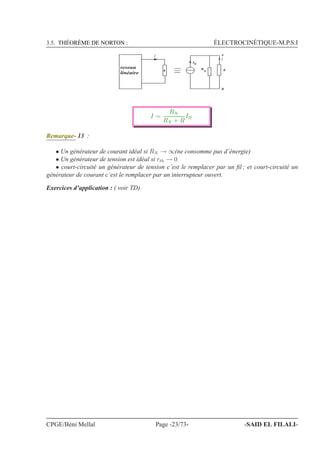 3.5. THÉORÈME DE NORTON : ÉLECTROCINÉTIQUE-M.P.S.I
R
A
B
N
IN
R R
reseau
linéaire
R
A
B
N
IN
R R
reseau
linéaire
I
I
I =
RN
RN + R
IN
Remarque- 13 :
• Un générateur de courant idéal si RN → ∞(ne consomme pas d’énergie)
• Un générateur de tension est idéal si rth → 0
• court-circuité un générateur de tension c’est le remplacer par un ﬁl ; et court-circuité un
générateur de courant c’est le remplacer par un interrupteur ouvert.
Exercices d’application : ( voir TD)
CPGE/Béni Mellal Page -23/73- -SAID EL FILALI-
 