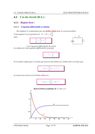4.2. CAS DU CIRCUIT (R-L) : ÉLECTROCINÉTIQUE-M.P.S.I
4.2 Cas du circuit (R-L) :
4.2.1 Régime forcé :
4.2.1.1 L’équation différentielle et solution
On remplace le condensateur par une bobine idéale dans le circuit précèdent :
l’interrupteur k est en position (1) : E = Ri + L
di
dt
donc :
di
dt
+
R
L
i =
E
L
c’est l’équation différentielle du circuit
R
E
i
L
La solution de cette équation différentielle en posant
τ =
L
R
Et en tenant compte que le courant qui traverse une bobine est continu alors on trouve que :
i(t) =
E
R
(1 − e−t/τ
)
La tension aux bornes de la bobine idéale est :
uL(t) = L
di
dt
= Ee−t/τ
Representation graphique de i(t) et uL(t)
EJ
J
uL(t)
CPGE/Béni Mellal Page -31/73- -SAID EL FILALI-
 