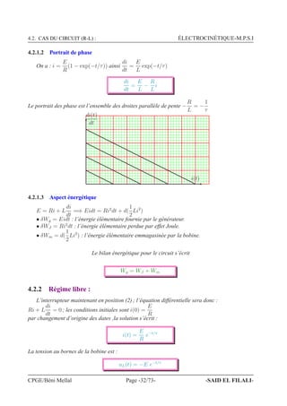 4.2. CAS DU CIRCUIT (R-L) : ÉLECTROCINÉTIQUE-M.P.S.I
4.2.1.2 Portrait de phase
On a : i =
E
R
(1 − exp(−t/τ)) ainsi
di
dt
=
E
L
exp(−t/τ)
di
dt
=
E
L
−
R
L
i
Le portrait des phase est l’ensemble des droites parallèle de pente −
R
L
= −
1
τ
i(t)
di(t)
dt
4.2.1.3 Aspect énergétique
E = Ri + L
di
dt
=⇒ Eidt = Ri2
dt + d(
1
2
Li2
)
• δWg = Eidt : l’énergie élémentaire fournie par le générateur.
• δWJ = Ri2
dt : l’énergie élémentaire perdue par effet Joule.
• δWm = d(
1
2
Li2
) : l’énergie élémentaire emmagasinée par la bobine.
Le bilan énergétique pour le circuit s’écrit
Wg = WJ + Wm
4.2.2 Régime libre :
L’interrupteur maintenant en position (2) ; l’équation différentielle sera donc :
Ri + L
di
dt
= 0 ; les conditions initiales sont i(0) =
E
R
par changement d’origine des dates ,la solution s’écrit :
i(t) =
E
R
e−t/τ
La tension au bornes de la bobine est :
uL(t) = −E e−t/τ
CPGE/Béni Mellal Page -32/73- -SAID EL FILALI-
 