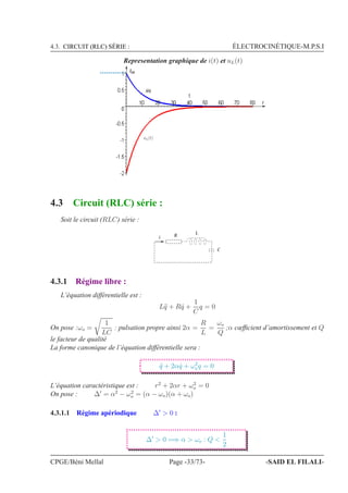 4.3. CIRCUIT (RLC) SÉRIE : ÉLECTROCINÉTIQUE-M.P.S.I
Representation graphique de i(t) et uL(t)
J
EJ
Im
uL(t)
4.3 Circuit (RLC) série :
Soit le circuit (RLC) série :
R L
C
i
4.3.1 Régime libre :
L’équation différentielle est :
L¨q + R ˙q +
1
C
q = 0
On pose :ωo =
1
LC
: pulsation propre ainsi 2α =
R
L
=
ωo
Q
;α cœfﬁcient d’amortissement et Q
le facteur de qualité
La forme canonique de l’équation différentielle sera :
¨q + 2α ˙q + ω2
oq = 0
L’équation caractéristique est : r2
+ 2αr + ω2
o = 0
On pose : ∆′
= α2
− ω2
o = (α − ωo)(α + ωo)
4.3.1.1 Régime apériodique ∆′
 0 :
∆′
 0 =⇒ α  ωo : Q 
1
2
CPGE/Béni Mellal Page -33/73- -SAID EL FILALI-
 