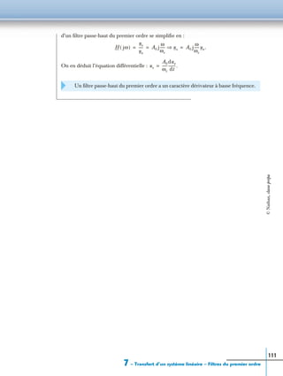 7 – Transfert d’un système linéaire – Filtres du premier ordre
111
d’un ﬁltre passe-haut du premier ordre se simpliﬁe en :
On en déduit l’équation différentielle :
Un ﬁltre passe-haut du premier ordre a un caractère dérivateur à basse fréquence.
H jω( )
us
ue
----- A0 j
ω
ωc
------ us⇒ A0 j
ω
ωc
------ue.= = =
us
A0
ωc
------
due
dt
--------.=
©Nathan,classeprépa
 