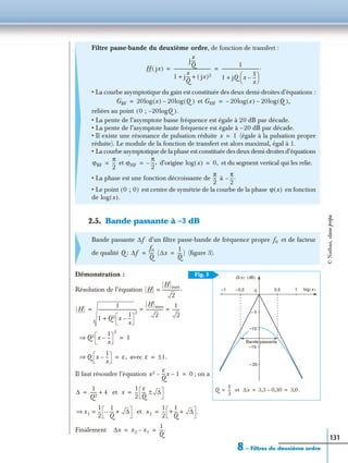 8 – Filtres du deuxième ordre
131
2.5. Bande passante à –3 dB
Démonstration :
Résolution de l’équation
avec
Il faut résoudre l’équation ; on a
et
et
Finalement
Filtre passe-bande du deuxième ordre, de fonction de transfert :
• La courbe asymptotique du gain est constituée des deux demi-droites d’équations :
et
reliées au point
• La pente de l’asymptote basse fréquence est égale à 20 dB par décade.
• La pente de l’asymptote haute fréquence est égale à –20 dB par décade.
• Il existe une résonance de pulsation réduite (égale à la pulsation propre
réduite). Le module de la fonction de transfert est alors maximal, égal à 1.
• La courbe asymptotique de la phase est constituée des deux demi-droites d’équations
et d’origine et du segment vertical qui les relie.
• La phase est une fonction décroissante de à
• Le point est centre de symétrie de la courbe de la phase en fonction
de
Bande passante d’un ﬁltre passe-bande de fréquence propre et de facteur
de qualité Q : ( (ﬁgure 3).
H jx( )
j
x
Q
---
1 j
x
Q
--- jx( )2+ +
----------------------------------
1
1 jQ x
1
x
---–
 
 +
----------------------------------.= =
GBF 20log x( ) 20– log Q( )= GHF 20– log x( ) 20– log Q( ),=
0 ; 20– logQ( ).
x 1=
ϕBF
π
2
---= ϕHF
π
2
---,–= log x( ) 0,=
π
2
---
π
2
---.–
0 ; 0( ) ϕ x( )
log x( ).
∆f f0
∆f
f0
Q
----= ∆x
1
Q
--- )=
et
Fig. 3
Bande passante
0
– 5
–15
–0,5–1 10,5
G x( ) dB( )
–10
– 20
x( )log
Q
1
3
---= ∆x 3,3 0,30– 3,0.= =
H
H max
2
----------------.=
H
1
1 Q2 x
1
x
---–
2
+
------------------------------------
H max
2
----------------
1
2
-------= = =
Q2 x
1
x
---–
2
⇒ 1=
Q x
1
x
---–⇒ ε,= ε 1.±=
x2 ε
Q
---x 1–– 0=
∆
1
Q2
------ 4+= x
1
2
---
ε
Q
--- ∆±=
x1
1
2
---
1
Q
---– ∆+=⇒ x2
1
2
--- +
1
Q
--- ∆+ .=
∆x x2 x1–
1
Q
---.= =
©Nathan,classeprépa
 