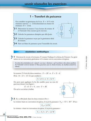 savoir résoudre les exercices
20
1 Orientons le circuit et la tension U comme l’indique le schéma de l’énoncé. Le géné-
rateur est en convention générateur et le résistor est en convention récepteur.
La tension U s’écrit de deux manières : et
D’où Ce qui conduit à :
On peut aussi appliquer la loi des mailles pour un sens de
parcours donné (voir ﬁgure) :
avec
On arrive au même résultat.
2 Il y a effet Joule dans les deux résistors R et r.
Le résistor étant en convention récepteur, il reçoit la puissance D’où :
Le résistor r étant en convention récepteur, il reçoit la puissance :
1 – Transfert de puissance
On considère un générateur de f.é.m. V et de
résistance interne Ω alimentant un résistor de
résistance Ω.
1 Déterminer la tension U aux bornes du résistor R
et l’intensité I du courant qui le traverse.
2 Calculer les puissances dissipées par effet Joule.
3 Calculer la puissance reçue par le générateur idéal
de tension.
4 Faire un bilan de puissance pour l’ensemble du circuit.
r
E
R U
iE 10=
r 5,0=
R 5,0=
résolution méthodique
Ce choix des orientations est « naturel » car nous « devinons » qu’il conduira à des valeurs positives
de l’intensité I et de la tension U. Nous pourrions aussi en choisir d’autres, les résultats seraient les
mêmes.
U RI= U E rI.–=
10 5I– 5I.=
I 1,0 A et U 5,0 V==
r
E
R U
RI
i
E rI U–– 0,= U RI.=
ᏼR UI RI 2.= =
ᏼR 5,0 W=
ᏼr Ur I rI 2 5,0 W= = =
Électrocinétique PCSI, MPSI, PTSI - © Nathan, Classe prépa
©Nathan,classeprépa
 