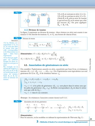 3 – Méthodes d’étude d’un circuit électrique en régime permanent
25
1.1.2. Diviseur de tension
La ﬁgure 3 représente un diviseur de tension : deux résistors en série sont soumis à une
tension U. On cherche les tensions et aux bornes de chacun d’eux.
Démonstration :
et
1.2. Association de générateurs en série
On considère N générateurs associés en série, caractérisés par leurs f.é.m. et résistances
internes …, Ces N générateurs sont équivalents à un seul
générateur de f.é.m. et de résistance interne
Remarque : les résistances s’associent comme énoncé au § 1.1.1.
Démonstration :
Pour les associer, on les modélise en utilisant la représentation de Thévenin (ﬁg. 5) :
• si les pôles du générateur sont placés dans le même sens que
les pôles du générateur (la ﬂèche correspondant à Ep est dans le même
sens que celle de Eéq) ;
• dans le cas contraire.
Fig. 2
• R1 et R2 ne sont pas en série
• R1 et R3 ne sont pas en série
• Seuls R2 et R4 sont en série (le courant
I2 qui traverse R2 est le même que celui
qui traverse R4). On peut appliquer
I1 I2≠( ).
I1 I3≠( ).
Réq R2 R4.+=
R1 R2
R3
I1 I2
E R4
I3
U1 U2
Attention
• Si les ﬂèches cor-
respondant à U1 ou
U2 ne sont pas dans
le même sens que
celle correspondant
à U, il faut mettre un
signe – dans leurs
expressions.
• Il ne faut pas appli-
quer ces relations
lorsque les deux ré-
sistors ne sont pas en
série.
Par exemple sur le
schéma de la ﬁgure 2,
R1 et R2 (ou R1 et R3)
ne forment pas un di-
viseur de tension.
Seuls R2 et R4 for-
ment un diviseur de
tension.
Fig. 3
etU1
R1U
R1 R2+
------------------= U2
R2U
R1 R2+
------------------=
R1 R2
U1 U2
I
U
Diviseur de tension
U R1 R2+( )I I⇒
U
R1 R2+
------------------= =
U1 R1I U1⇒
R1U
R1+R2
-----------------= = U2 R2I U2⇒
R2U
R1 R2+
------------------.= =
E1 ; r1( ), E2 ; r2( ), EN ; rN( ).
Eéq réq.
Eéq ε1E1 ε2E2
… εk Ek
… εN EN+ + + + +=
réq r1 r2
… rN+ + +=


εk +1= Ek ; rk( )
Eéq ; réq( )
εk 1–=
Fig. 4 Association série de trois générateurs
Eéq E1 E2 E3–+=
réq r1 r2 r3+ +=


E1 ; r1
Eéq
E1 E2 E3
I
E2 ; r2 E3 ; r3 Eéq ; réq
I
⇔
+− +−+ +− −
©Nathan,classeprépa
 