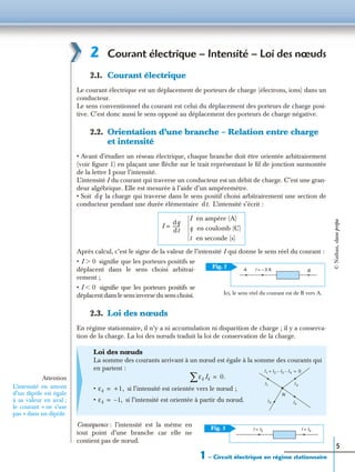 1 – Circuit électrique en régime stationnaire
5
2 Courant électrique – Intensité – Loi des nœuds
2.1. Courant électrique
Le courant électrique est un déplacement de porteurs de charge (électrons, ions) dans un
conducteur.
Le sens conventionnel du courant est celui du déplacement des porteurs de charge posi-
tive. C’est donc aussi le sens opposé au déplacement des porteurs de charge négative.
2.2. Orientation d’une branche – Relation entre charge
et intensité
• Avant d’étudier un réseau électrique, chaque branche doit être orientée arbitrairement
(voir ﬁgure 1) en plaçant une ﬂèche sur le trait représentant le ﬁl de jonction surmontée
de la lettre I pour l’intensité.
L’intensité I du courant qui traverse un conducteur est un débit de charge. C’est une gran-
deur algébrique. Elle est mesurée à l’aide d’un ampèremètre.
• Soit la charge qui traverse dans le sens positif choisi arbitrairement une section de
conducteur pendant une durée élémentaire L’intensité s’écrit :
Après calcul, c’est le signe de la valeur de l’intensité I qui donne le sens réel du courant :
• signiﬁe que les porteurs positifs se
déplacent dans le sens choisi arbitrai-
rement ;
• signiﬁe que les porteurs positifs se
déplacentdanslesensinversedusenschoisi.
2.3. Loi des nœuds
En régime stationnaire, il n’y a ni accumulation ni disparition de charge ; il y a conserva-
tion de la charge. La loi des nœuds traduit la loi de conservation de la charge.
Conséquence : l’intensité est la même en
tout point d’une branche car elle ne
contient pas de nœud.
Loi des nœuds
La somme des courants arrivant à un nœud est égale à la somme des courants qui
en partent :
• si l’intensité est orientée vers le nœud ;
• si l’intensité est orientée à partir du nœud.
dq
dt.
I
dq
dt
------=
I en ampère (A)
q en coulomb (C)
t en seconde (s)
Ici, le sens réel du courant est de B vers A.
Fig. 2
A BI = – 3 A
I 0Ͼ
I 0Ͻ
I1 I2 I3– I4–+ 0=
I1 I 3
I4
I 2
N
εk Ik∑ 0.=
εk +1,=
εk 1,–=
Fig. 3 I = I0 I = I0
Attention
L’intensité en amont
d’un dipôle est égale
à sa valeur en aval ;
le courant « ne s’use
pas » dans un dipôle.
©Nathan,classeprépa
 