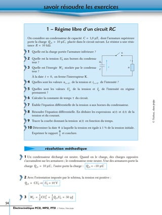 savoir résoudre les exercices
54
1 Un condensateur déchargé est neutre. Quand on le charge, des charges opposées
s’accumulent sur les armatures ; le condensateur reste neutre. Une des armatures porte la
charge l’autre porte la charge :
2 Avec l’orientation imposée par le schéma, la tension est positive :
3
1 – Régime libre d’un circuit RC
On considère un condensateur de capacité dont l’armature supérieure
porte la charge placée dans le circuit suivant. Le résistor a une résis-
tance
1 Quelle est la charge portée l’armature inférieure ?
2 Quelle est la tension aux bornes du condensa-
teur ?
3 Quelle est l’énergie stockée par le condensa-
teur ?
À la date on ferme l’interrupteur K .
4 Quelles sont les valeurs de la tension et de l’intensité ?
5 Quelles sont les valeurs de la tension et de l’intensité en régime
permanent ?
6 Calculer la constante de temps du circuit.
7 Établir l’équation différentielle de la tension u aux bornes du condensateur.
8 Résoudre l’équation différentielle. En déduire les expressions et de la
tension et du courant.
9 Tracer la courbe donnant la tension en fonction du temps.
10 Déterminer la date à laquelle la tension est égale à 1 % de la tension initiale.
Exprimer le rapport et conclure.
C 1,0 µF,=
Q 0 10 µC,=
R 10 kΩ.=
Q0
C
u R
i
K
U0
WC
t 0,=
ut 0+= it 0+=
Up Ip
τ
u t( ) i t( )
u t( )
θ
θ
τ
---
résolution méthodique
Q 0 10 µC,= Q 0 10 µC–=
Q 0 CU0 ⇒= U0 10 V=
WC
1
2
---CU0
2 1
2
---Q 0U0 50 µJ= = =
Électrocinétique PCSI, MPSI, PTSI - © Nathan, Classe prépa
©Nathan,classeprépa
 
