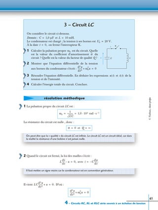 4 – Circuits RC, RL et RLC série soumis à un échelon de tension
61
1 La pulsation propre du circuit LC est :
La résistance du circuit est nulle , donc :
2 Quand le circuit est fermé, la loi des mailles s’écrit :
avec
Il vient D’où :
3 – Circuit LC
On considère le circuit ci-dessous.
Données : et
Le condensateur est chargé ; la tension à ses bornes est
À la date on ferme l’interrupteur K.
1 Calculer la pulsation propre est du circuit. Quelle
est la valeur du coefﬁcient d’amortissement du
circuit ? Quelle est la valeur du facteur de qualité Q ?
2 Montrer que l’équation différentielle de la tension
aux bornes du condensateur s’écrit :
3 Résoudre l’équation différentielle. En déduire les expressions et de la
tension et de l’intensité.
4 Calculer l’énergie totale du circuit. Conclure.
C 1,0 µF= L 10 mH.=
U0 20 V.=
Cu L
i Kt 0,=
ω0
σ
d2u
dt 2
--------- ω0
2
u+ 0=
u t( ) i t( )
résolution méthodique
ω0
1
LC
------------ 1,0 104 rad s 1–· ·= =
σ 0 et Q ∞= =
On peut dire que la « qualité » du circuit LC est inﬁnie. Le circuit LC est un circuit idéal, car dans
la réalité la résistance d’une bobine n’est jamais nulle.
L
di
dt
----- u– 0,= i C–
du
dt
------.=
Il faut mettre un signe moins car le condensateur est en convention générateur.
LC
d2u
dt 2
--------- u+ 0.=
d2u
dt 2
--------- ω0
2
u+ 0=
©Nathan,classeprépa
 