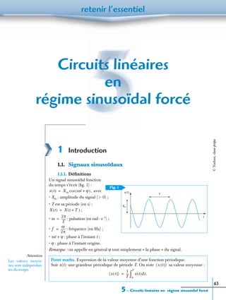 5 – Circuits linéaires en régime sinusoïdal forcé
retenir l’essentiel
63
Circuits linéaires
en
régime sinusoïdal forcé
1 Introduction
1.1. Signaux sinusoïdaux
1.1.1. Déﬁnitions
Un signal sinusoïdal fonction
du temps s’écrit (ﬁg. 1) :
avec
• Xm : amplitude du signal (Ͼ 0) ;
• T est sa période (en s) :
;
• : pulsation (en rad · s–1) ;
• : fréquence (en Hz) ;
• : phase à l’instant t ;
• ϕ : phase à l’instant origine.
Remarque : on appelle en général ϕ tout simplement « la phase » du signal.
Point maths. Expression de la valeur moyenne d’une fonction périodique.
Soit une grandeur périodique de période T. On note sa valeur moyenne :
Xm
T
x (t )
t
Fig. 1
x t( ) Xm ωt ϕ+( ),cos=
X t( ) X t T+( )=
ω
2π
T
------=
f
ω
2π
------=
ωt ϕ+
Attention
Les valeurs moyen-
nes sont indépendan-
tes du temps.
x t( ) x t( )〈 〉
x t( )〈 〉
1
T
--- x t( )dt.
0
T
∫=
©Nathan,classeprépa
 
