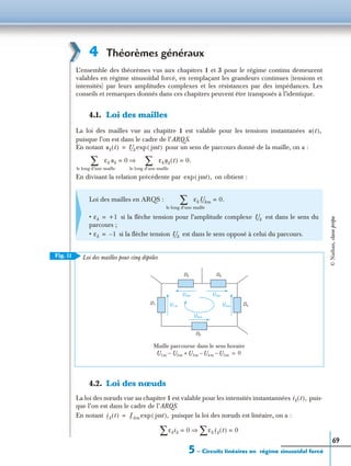 5 – Circuits linéaires en régime sinusoïdal forcé
69
4 Théorèmes généraux
L’ensemble des théorèmes vus aux chapitres 1 et 3 pour le régime continu demeurent
valables en régime sinusoïdal forcé, en remplaçant les grandeurs continues (tensions et
intensités) par leurs amplitudes complexes et les résistances par des impédances. Les
conseils et remarques donnés dans ces chapitres peuvent être transposés à l’identique.
4.1. Loi des mailles
La loi des mailles vue au chapitre 1 est valable pour les tensions instantanées
puisque l’on est dans le cadre de l’ARQS.
En notant pour un sens de parcours donné de la maille, on a :
En divisant la relation précédente par on obtient :
4.2. Loi des nœuds
La loi des nœuds vue au chapitre 1 est valable pour les intensités instantannées puis-
que l’on est dans le cadre de l’ARQS.
En notant puisque la loi des nœuds est linéaire, on a :
Loi des mailles en ARQS :
• si la ﬂèche tension pour l’amplitude complexe est dans le sens du
parcours ;
• si la ﬂèche tension est dans le sens opposé à celui du parcours.
Loi des mailles pour cinq dipôles
u t( ),
uk t( ) Uk jωt( )exp=
εk uk 0 ⇒=∑ εk uk t( ) 0.=∑le long d’une maille le long d’une maille
jωt( ),exp
εk Ukm 0.=∑le long d’une maille
εk +1= Uk
εk 1–= Uk
D1
Maille parcourue dans le sens horaire
U1m U2m– U3m U4m U5m––+ 0=
D5
D4
D3D2
U1m
U2m U3m
U4m
U5m
Fig. 11
ik t( ),
ik t( ) Ikm jωt( ),exp=
εkik 0 εk ik t( ) 0=∑⇒=∑
©Nathan,classeprépa
 