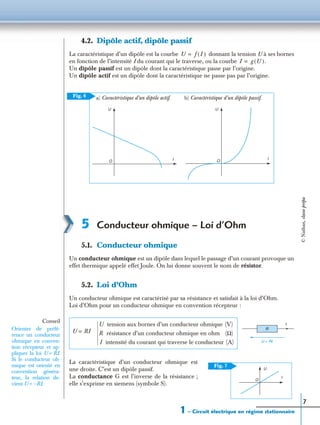 1 – Circuit électrique en régime stationnaire
7
4.2. Dipôle actif, dipôle passif
La caractéristique d’un dipôle est la courbe donnant la tension U à ses bornes
en fonction de l’intensité I du courant qui le traverse, ou la courbe
Un dipôle passif est un dipôle dont la caractéristique passe par l’origine.
Un dipôle actif est un dipôle dont la caractéristique ne passe pas par l’origine.
5 Conducteur ohmique – Loi d’Ohm
5.1. Conducteur ohmique
Un conducteur ohmique est un dipôle dans lequel le passage d’un courant provoque un
effet thermique appelé effet Joule. On lui donne souvent le nom de résistor.
5.2. Loi d’Ohm
Un conducteur ohmique est caractérisé par sa résistance et satisfait à la loi d’Ohm.
Loi d’Ohm pour un conducteur ohmique en convention récepteur :
La caractéristique d’un conducteur ohmique est
une droite. C’est un dipôle passif.
La conductance G est l’inverse de la résistance ;
elle s’exprime en siemens (symbole S).
U f I( )=
I g U( ).=
Fig. 6
U
O I
U
O
I
a) Caractéristique d’un dipôle actif. b) Caractéristique d’un dipôle passif.
U RI=
U tension aux bornes d’un conducteur ohmique (V)
R résistance d’un conducteur ohmique en ohm (Ω)
I intensité du courant qui traverse le conducteur (A)
R
U = RI
I
Fig. 7
I
U
O
Conseil
Orienter de préfé-
rence un conducteur
ohmique en conven-
tion récepteur et ap-
pliquer la loi U = RI.
Si le conducteur oh-
mique est orienté en
convention généra-
teur, la relation de-
vient U = −RI.
©Nathan,classeprépa
 