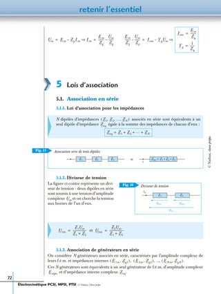 retenir l’essentiel
72
5 Lois d’association
5.1. Association en série
5.1.1. Loi d’association pour les impédances
5.1.2. Diviseur de tension
La ﬁgure ci-contre représente un divi-
seur de tension : deux dipôles en série
sont soumis à une tension d’amplitude
complexe et on cherche la tension
aux bornes de l’un d’eux.
5.1.3. Association de générateurs en série
On considère N générateurs associés en série, caractérisés par l’amplitude complexe de
leurs f.é.m. et impédances internes ...,
Ces N générateurs sont équivalents à un seul générateur de f.é.m. d’amplitude complexe
et d’impédance interne complexe
N dipôles d’impédances associés en série sont équivalents à un
seul dipôle d’impédance égale à la somme des impédances de chacun d’eux :
Association série de trois dipôles
et
Um Em Zg Im– Im⇒
Em
Zg
--------
Um
Zg
-------–= =
Em
Zg
--------
Um
Zg
-------– Iom Yg Um–
Iom
Em
Zg
--------=
Yg
1
Zg
------=
⇒=
Z1 Z2 … ZN, , ,( )
Zeq
Zeq Z1 Z2
… ZN+ + +=
Z 1 Z 2 Z 3 Z eq Z 1 Z 2 Z 3+ +=
I
≡
Fig. 15
Fig. 16
Z 1 Z 2
Um1 Um2
Um
Diviseur de tension
Im
Um
U1m
Z1 Um
Z1 Z2+
--------------------= U2m
Z2 Um
Z1 Z2+
--------------------.=
E1m Zg1,( ), E2m Zg2,( ), ENm ZgN,( ).
Eeqm Zeq.
Électrocinétique PCSI, MPSI, PTSI - © Nathan, Classe prépa
©Nathan,classeprépa
 