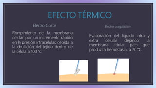 EFECTO TÉRMICO
Electro Corte
Rompimiento de la membrana
celular por un incremento rápido
en la presión intracelular, debida a
la ebullición del tejido dentro de
la célula a 100 °C .
Electro coagulación
Evaporación del liquido intra y
extra celular dejando la
membrana celular para que
produzca hemostasia, a 70 °C.
 