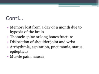 Conti…
• Memory lost from a day or a month due to
hypoxia of the brain
• Thoracic spine or long bones fracture
• Dislocation of shoulder joint and wrist
• Arrhythmia, aspiration, pneumonia, status
epilepticus
• Muscle pain, nausea
 
