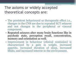 The axioms or widely accepted
theoretical concepts are:
• The persistent behavioural or therapeutic effect i.e.,
changes in the CNS are due to repeated ECT seizures
and not changes in the peripheral or visceral
component.
• Repeated seizures alter many brain functions like in
psychotic state, perception recall, concentration,
memory and orientation as well.
• Improvement in behaviour (clinical remission) is
characterized by a gain in weight, increased
appetite, increased duration of sleep, increased
libido, and increased interest in the environment.
 
