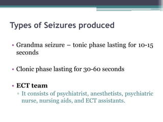 Types of Seizures produced
• Grandma seizure – tonic phase lasting for 10-15
seconds
• Clonic phase lasting for 30-60 seconds
• ECT team
▫ It consists of psychiatrist, anesthetists, psychiatric
nurse, nursing aids, and ECT assistants.
 