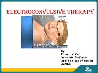 Electroconvulsive therapy
By
Kiranmayi Koni
Associate Professor
Apollo college of nursing
AIMSR
 