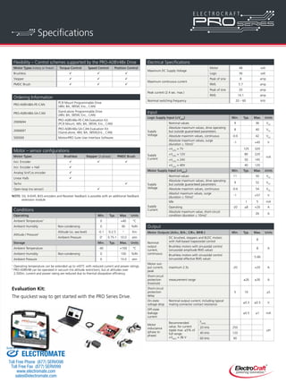 Specifications 
Input 
Logic Supply Input (+VLOG) Min. Typ. Max. Units 
Supply 
Voltage 
Nominal values 9 36 VDC 
Absolute maximum values, drive operating 
but outside guaranteed parameters 8 40 VDC 
Absolute maximim values, continuous -0.6 42 VDC 
Absolute maximum values, surge 
(duration ≤ 10ms)† -1 +45 V 
Supply 
Current 
+VLOG = 7V 125 320 
mA 
+VLOG = 12V 80 220 
+VLOG = 24V 50 145 
+VLOG = 40V 40 120 
Motor Supply Input (+VMOT) Min. Typ. Max. Units 
Supply 
Voltage 
Nominal values 11 50 VDC 
Absolute maximum values, drive operating 
but outside guaranteed parameters 9 52 VDC 
Absolute maximim values, continuous -0.6 54 VDC 
Absolut maximum values, surge 
(duration ≤ 10ms)† -1 +57 V 
Supply 
Current 
Idle 1 5 mA 
Operating -20 ±8 +20 A 
Absolute maximum value, short-circuit 
condition (duration ≤ 10ms)† 26 A 
Output 
Motor Outputs (A/A+, B/A-, C/B+, BR/B-) Min. Typ. Max. Units 
Nominal 
output 
current, 
continuous 
DC brushed, steppers and BLDC motors 
with Hall-based trapezoidal control 8 
Brushless motors with sinusoidal control A 
(sinusoidal amplitude RMS value) 8 
Brushless motors with sinusoidal control 
(sinusoidal effective RMS value) 5.66 
Motor out-put 
current, 
peak 
maximum 2.5s -20 +20 A 
Short-circuit 
protection 
threshold 
measurement range ±26 ±30 A 
Short-circuit 
protection 
delay 
5 10 μS 
On-state 
voltage drop 
Nominal output current; including typical 
mating connector contact resistance ±0.3 ±0.5 V 
Off-state 
leakage 
current 
±0.5 ±1 mA 
Motor 
inductance 
(phase to 
phase) 
Recommended 
value, for current 
ripple max. ±5% of 
full range; 
+VMOT = 36 V 
FPWM 
μH 
20 kHz 250 
40 kHz 120 
60 kHz 90 
Flexibility – Control schemes supported by the PRO-A08V48x Drive 
Motor Types (rotary or linear) Torque Control Speed Control Position Control 
Brushless    
Stepper    
PMDC Brush    
Ordering Information 
PRO-A08V48A-PE-CAN PCB Mount Programmable Drive 
(48V, 8A, 385W, Enc., CAN) 
PRO-A08V48A-SA-CAN Stand-alone Programmable Drive 
(48V, 8A, 385W, Enc., CAN) 
2000694 PRO-A08V48x-PE-CAN Evaluation Kit 
(PCB Mount, 48V, 8A, 385W, Enc., CAN) 
2000697 PRO-A08V48x-SA-CAN Evaluation Kit 
(Stand-alone, 48V, 8A, 385W,Enc., CAN) 
500500 MotionPRO Suite User Interface Software 
Motor – sensor configurations 
Motor Types Brushless Stepper (2-phase) PMDC Brush 
Incr. Encoder    
Incr. Encoder + Hall  
Analog Sin/Cos encoder  
Linear Halls  
Tacho  
Open-loop (no sensor)  
NOTE: SSI, EnDAT, BiSS encoders and Resolver feedback is possible with an additional feedback 
extension module 
Conditions 
Operating Min. Typ. Max. Units 
Ambient Temperature1 0 +40 °C 
Ambient Humidity Non-condensing 0 90 %Rh 
Altitude / Pressure2 
Altitude (vs. sea level) -0.1 0-2.5 2 Km 
Ambient Pressure 02 0.75-1 10.0 atm 
Storage Min. Typ. Max. Units 
Ambient Temperature -40 +100 °C 
Ambient Humidity Non-condensing 0 100 %Rh 
Ambient Pressure 0 10.0 atm 
1 Operating temperature can be extended up to +65ºC with reduced current and power ratings. 
2 PRO-A08V48 can be operated in vacuum (no altitude restriction), but at altitudes over 
2,500m, current and power rating are reduced due to thermal dissipation efficiency. 
Electrical Specifications 
Maximum DC Supply Voltage 
Motor 48 volt 
Logic 36 volt 
Maximum continuous current 
Peak of sine 8 amp 
RMS 5.7 amp 
Peak current (2.4 sec. max.) 
Peak of sine 20 amp 
RMS 14.1 amp 
Nominal switching frequency 20 – 60 kHz 
Evaluation Kit: 
The quickest way to get started with the PRO Series Drive. 
Sold & Serviced By: 
ELECTROMATE 
Toll Free Phone (877) SERVO98 
Toll Free Fax (877) SERV099 
www.electromate.com 
sales@electromate.com 
 