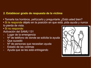 2. Establecer grado de respuesta de la victima Tomarle los hombros, pellízcarlo y preguntarle ¿Está usted bien? Si le responde  déjelo en la posición en que está, pida ayuda y nunca lo pierda de vista.  Si no responde: Activación del SAMU 131 - Lugar de la emergencia - Nº de teléfono de donde se solicita la ayuda - Que sucedió - Nº de personas que necesitan ayuda - Estado de las victimas - Ayuda que se les está entregando 
