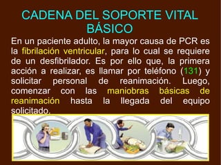 CADENA DEL SOPORTE VITAL BÁSICO En un paciente adulto, la mayor causa de PCR es la  fibrilación ventricular , para lo cual se requiere de un desfibrilador. Es por ello que, la primera acción a realizar, es llamar por teléfono ( 131 ) y solicitar personal de reanimación. Luego, comenzar con las  maniobras básicas de reanimación  hasta la llegada del equipo solicitado. 