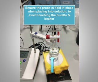 Ensure the probe is held in place
when placing into solution, to
avoid touching the burette &
beaker
 