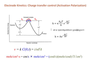 kf kb
v = k C(0,t) = i/nFA
mole/cm2-s = cm/s × mole/cm3 = (coul/s)(mole/coul)(1/cm2)
 is a transmission coefficient
Electrode Kinetics: Charge transfer control (Activation Polarization)
 
