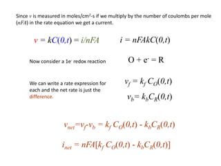 v = kC(0,t) = i/nFA i = nFAkC(0,t)
inet = nFA[kf CO(0,t) - kbCR(0,t)]
vf = kf CO(0,t)
O + e- = R
vb= kbCR(0,t)
vnet=vf-vb = kf CO(0,t) - kbCR(0,t)
Since v is measured in moles/cm2-s if we multiply by the number of coulombs per mole
(nFA) in the rate equation we get a current.
Now consider a 1e- redox reaction
We can write a rate expression for
each and the net rate is just the
difference.
 