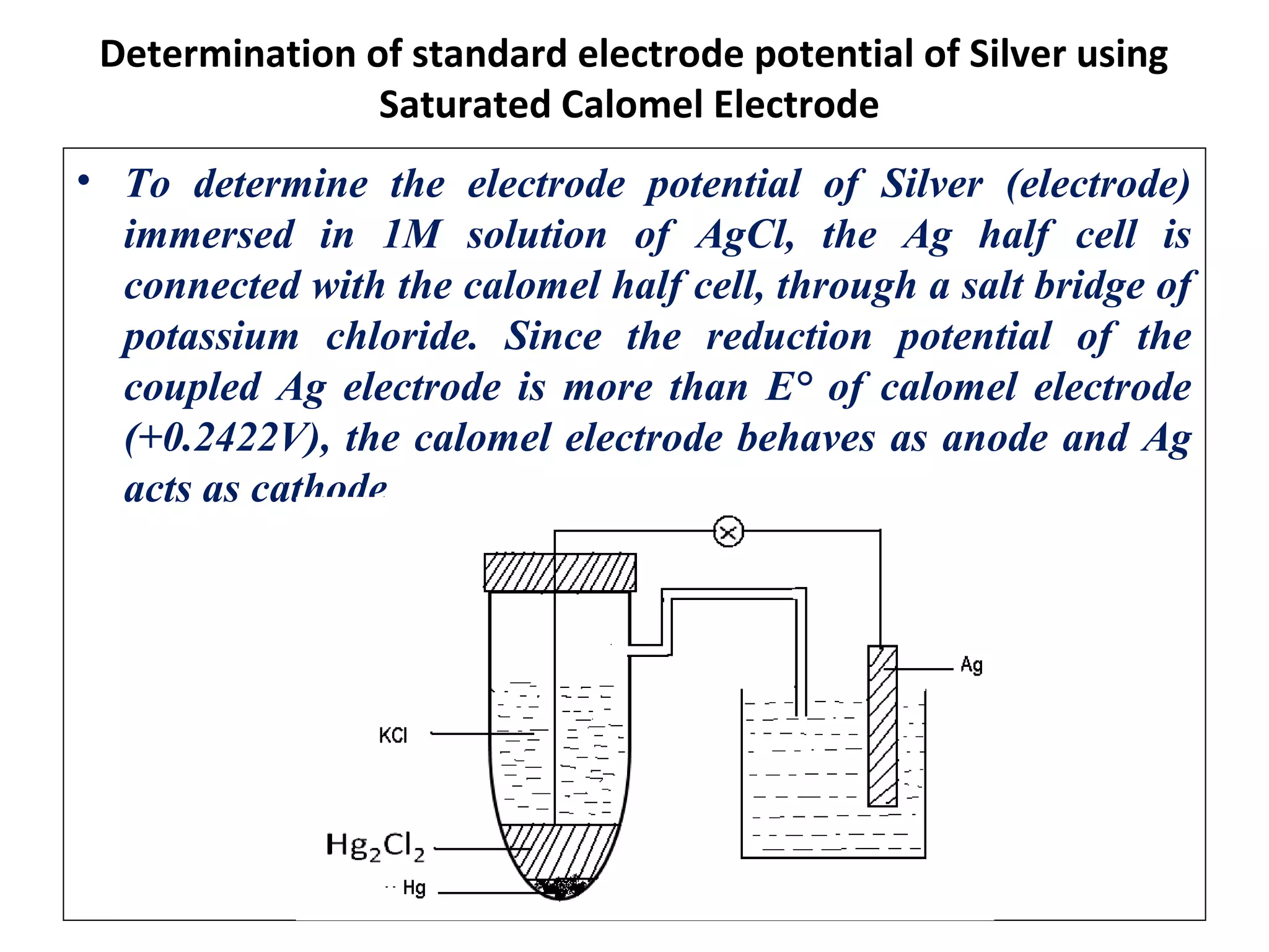 Determination of standard electrode potential of Silver using
Saturated Calomel Electrode
• To determine the electrode potential of Silver (electrode)
immersed in 1M solution of AgCl, the Ag half cell is
connected with the calomel half cell, through a salt bridge of
potassium chloride. Since the reduction potential of the
coupled Ag electrode is more than E° of calomel electrode
(+0.2422V), the calomel electrode behaves as anode and Ag
acts as cathode
 