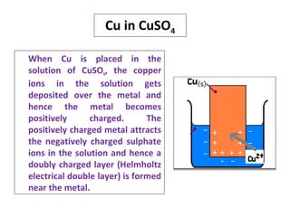 Cu in CuSO4
When Cu is placed in the
solution of CuSO4, the copper
ions in the solution gets
deposited over the metal and
hence the metal becomes
positively charged. The
positively charged metal attracts
the negatively charged sulphate
ions in the solution and hence a
doubly charged layer (Helmholtz
electrical double layer) is formed
near the metal.
 