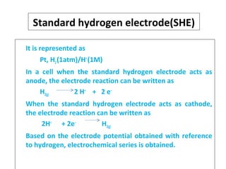 Standard hydrogen electrode(SHE)
It is represented as
Pt, H2(1atm)/H+
(1M)
In a cell when the standard hydrogen electrode acts as
anode, the electrode reaction can be written as
H2(g) 2 H+
+ 2 e‒
When the standard hydrogen electrode acts as cathode,
the electrode reaction can be written as
2H+
+ 2e‒
H2(g)
Based on the electrode potential obtained with reference
to hydrogen, electrochemical series is obtained.
 
