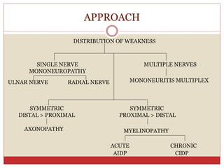 APPROACH
DISTRIBUTION OF WEAKNESS
SINGLE NERVE
MONONEUROPATHY
ULNAR NERVE RADIAL NERVE
MULTIPLE NERVES
MONONEURITIS MULTIPLEX
SYMMETRIC
DISTAL > PROXIMAL
AXONOPATHY
SYMMETRIC
PROXIMAL > DISTAL
MYELINOPATHY
ACUTE CHRONIC
AIDP CIDP
 