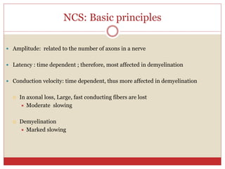 NCS: Basic principles
 Amplitude: related to the number of axons in a nerve
 Latency : time dependent ; therefore, most affected in demyelination
 Conduction velocity: time dependent, thus more affected in demyelination
 In axonal loss, Large, fast conducting fibers are lost
 Moderate slowing
 Demyelination
 Marked slowing
 