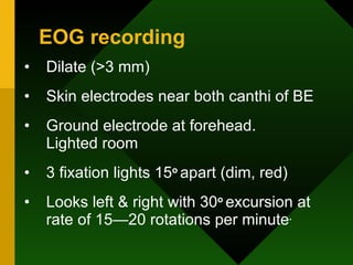 EOG recording Dilate (>3 mm) Skin electrodes near both canthi of BE Ground electrode at forehead.  Lighted room 3 fixation lights 15 o  apart (dim, red) Looks left & right with 30 o  excursion at rate of 15—20 rotations per minute .   