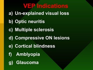 VEP Indications Un-explained visual loss Optic neuritis Multiple sclerosis Compressive ON lesions Cortical blindness Amblyopia  Glaucoma 