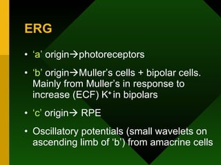 ERG ‘ a’  origin  photoreceptors ‘ b’  origin  Muller’s cells + bipolar cells. Mainly from Muller’s in response to increase (ECF) K +  in bipolars ‘ c’  origin   RPE  Oscillatory potentials (small wavelets on ascending limb of ‘b’) from amacrine cells 