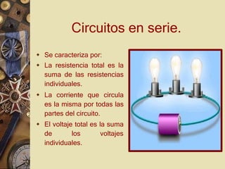 Circuitos en serie.
 Se caracteriza por:
 La resistencia total es la
suma de las resistencias
individuales.
 La corriente que circula
es la misma por todas las
partes del circuito.
 El voltaje total es la suma
de los voltajes
individuales.
 