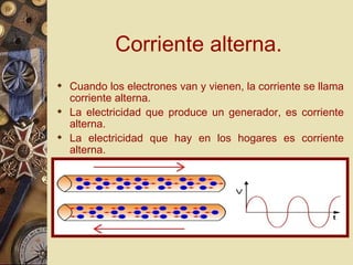 Corriente alterna. Cuando los electrones van y vienen, la corriente se llama corriente alterna. La electricidad que produce un generador, es corriente alterna. La electricidad que hay en los hogares es corriente alterna. 