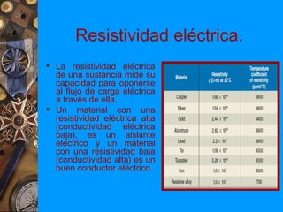 Resistividad eléctrica.
 La resistividad eléctrica
  de una sustancia mide su
  capacidad para oponerse
  al flujo de carga eléctrica
  a través de ella.
 Un material con una
  resistividad eléctrica alta
  (conductividad eléctrica
  baja), es un aislante
  eléctrico y un material
  con una resistividad baja
  (conductividad alta) es un
  buen conductor eléctrico.
 