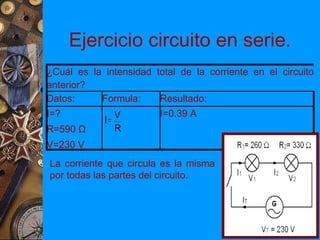 Ejercicio circuito en serie.
¿Cuál es la intensidad total de la corriente en el circuito
anterior?
Datos:     Formula:     Resultado:
I=?                      I=0.39 A
            I= V
R=590 Ω        R
V=230 V
La corriente que circula es la misma
por todas las partes del circuito.
 