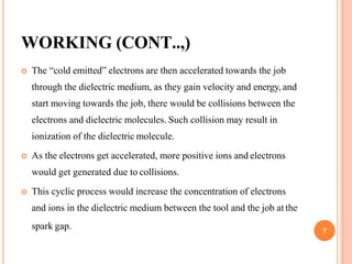 WORKING (CONT..,)
 The “cold emitted” electrons are then accelerated towards the job
through the dielectric medium, as they gain velocity and energy, and
start moving towards the job, there would be collisions between the
electrons and dielectric molecules. Such collision may result in
ionization of the dielectric molecule.
 As the electrons get accelerated, more positive ions and electrons
would get generated due to collisions.
 This cyclic process would increase the concentration of electrons
and ions in the dielectric medium between the tool and the job at the
spark gap. 7
 
