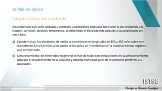 Características del electrodo
Para materiales que serán soldados y sometidos a condiciones especiales tales como la alta resistencia a la
tracción, corrosión, abrasión, temperatura, se debe elegir el electrodo más parecido a las propiedades del
metal base.
a) Características: los electrodos de varilla se suministran en longitudes de 350 y 450 m/m sobre m y
diámetro de 2,4 a 6,4 m/m, a los cuales se les aplica un “revestimiento” o material mineral-orgánico
qué del electrodo.
b) Almacenamiento: los electrodos en general se han de tratar con precauciones en su almacenamiento
para que el recubrimiento no sé aplasten y absorba humedad, pues de lo contrario perderán sus
cualidades.
soldadura básica
 