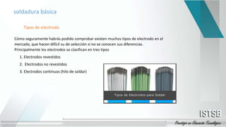 soldadura básica
Cómo seguramente habrás podido comprobar existen muchos tipos de electrodo en el
mercado, que hacen difícil su de selección si no se conocen sus diferencias.
Principalmente los electrodos se clasifican en tres tipos
1. Electrodos revestidos
2. Electrodos no revestidos
3. Electrodos continuos (hilo de soldar)
Tipos de electrodo
 