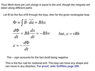 dt
d
Bhv
dt
dx
Bh
dt
d
Bhx
da
B

−
=
−
=
=

=


 

Thus Work done per unit charge is equal to the emf, though the integrals are
taken along different paths
Let Φ be the flux of B through the loop, then for the given rectangular loop
The – sign accounts for the fact dx/dt being negative
This is the flux rule for motional emf. The loop can have any shape and
can move in any direction. For proof, refer Griffiths page 296.
,
but vBh
 =
 