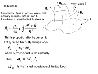 Inductance
B1
B1
B1
Loop 1
Loop 2
I1
Let 2 be the flux of B1 through loop2
0 1
1 1 2
ˆ
4
dl R
B I
R



= 
2
1
2 a
d
B



= 

1
21
2 I
M
=

Thus
21
M Is the mutual inductance of the two loops
Suppose you have 2 Loops of wire at rest.
A steady current I1 runs in Loop 1.
It produces a magnetic field B1 given by
This is proportional to the current I1
which is proportional to the current I1
 