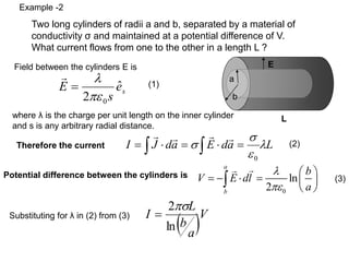 a
b
E
L
s
e
s
E ˆ
2 0


=

Therefore the current L
a
d
E
a
d
J
I 



  =

=

=
0




Potential difference between the cylinders is
0
ln
2
a
b
b
V E dl
a


 
= −  =  
 

( )V
a
b
L
I
ln
2
=
Example -2
Two long cylinders of radii a and b, separated by a material of
conductivity σ and maintained at a potential difference of V.
What current flows from one to the other in a length L ?
Field between the cylinders E is
where λ is the charge per unit length on the inner cylinder
and s is any arbitrary radial distance.
Substituting for λ in (2) from (3)
(1)
(2)
(3)
 