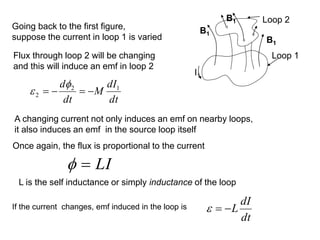 Going back to the first figure,
suppose the current in loop 1 is varied
Flux through loop 2 will be changing
and this will induce an emf in loop 2
dt
dI
M
dt
d 1
2
2 −
=
−
=


A changing current not only induces an emf on nearby loops,
it also induces an emf in the source loop itself
LI
=

L is the self inductance or simply inductance of the loop
If the current changes, emf induced in the loop is
dt
dI
L
−
=

B1
B1
B1
Loop 1
Loop 2
I1
Once again, the flux is proportional to the current
 