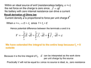 Within an ideal source of emf (resistanceless battery,  =)
the net force on the charge is zero since,
No battery with zero internal resistance can drive a current

=

=

=

−
= 
  dl
f
dl
f
dl
E
V s
b
a
b
a
s
Recall derivation of Ohms law
Current density J is proportional to force per unit charge f
f
J



=
When  =,  E = -fs since f = fs + E
Hence potential difference between the terminals a and b is
Because it is the line integral of fs,  can be interpreted as the work done
per unit charge by the source
We have extended the integral to the entire loop because fs = 0
outside
Practically V will not be equal to ε since no source is ideal, ie., zero resistance
 
